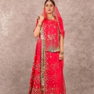 Pastel Red Zardozi Work Rajputi Poshak | Dori & Sequins Work on Bamber Satin | Jaipurio Designer Collection